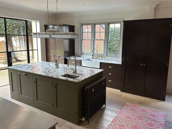 Brushed gloss brown and solid timber oak veneer kitchen cabinetry